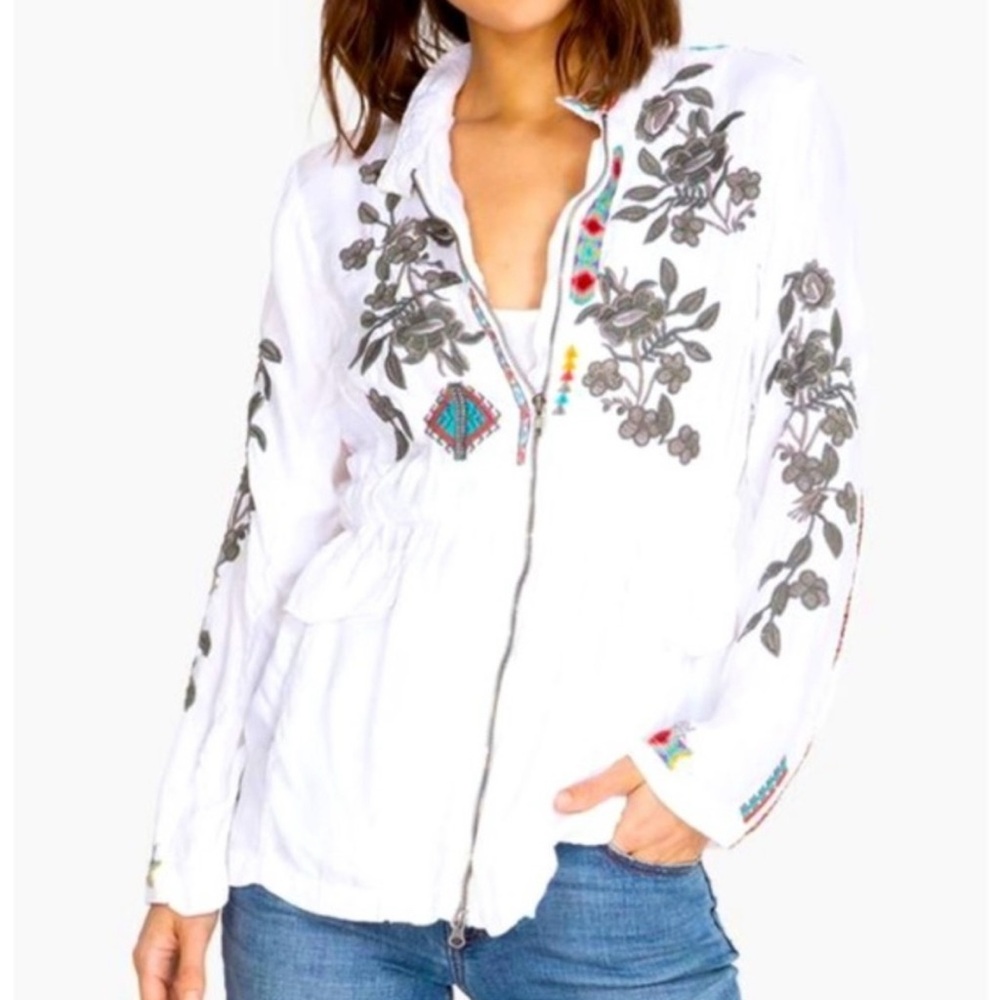 Johnny Was Milton Cupra Floral Zip Up Embroidered Lightweight Jacket Size M